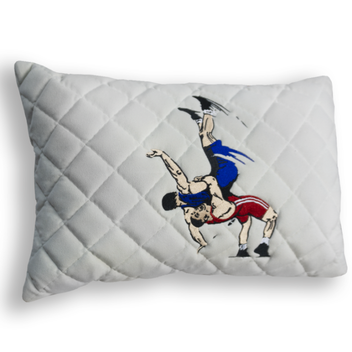 Подушки из алькантары Подушка из алькантары с вышивкой Борцы (Белая)